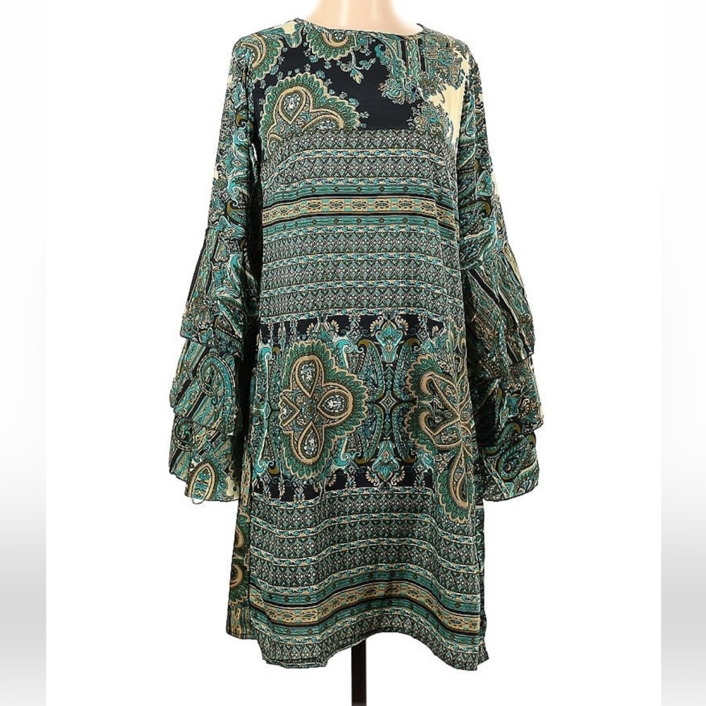 Womens Green Long Bell Sleeve Ruffle Paisley Midi Dress